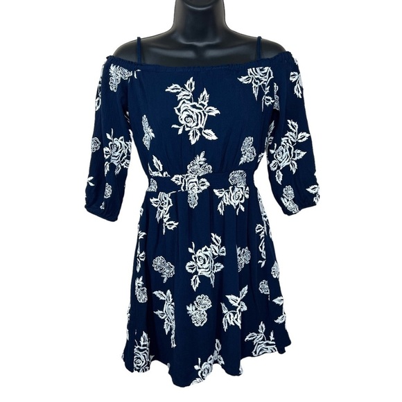 Small Dark Blue White Embroidered Floral Peasant Boho Dress Cold Shoulder - Picture 1 of 13